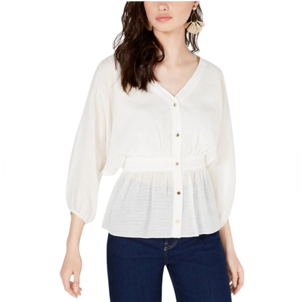 TRINA TURK Ivory Cotton Linen V-Neck Button Front Peplum Top Small